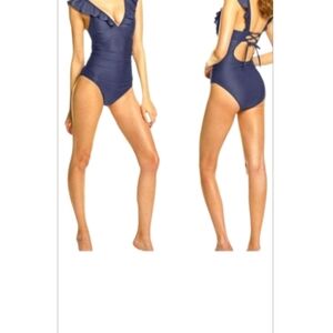 Women's Ruffled One Piece Swimsuit V Neck Lace Up‎ Sz M blue